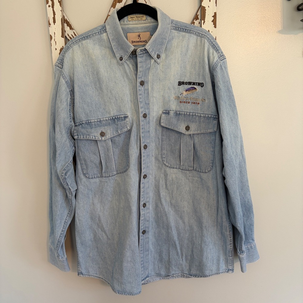 Vtg Browning Denim Button Up Shirt Men's Medium Embroidered Hunting Logo